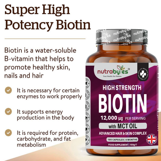 High Strength Biotin 12,000mcg with MCT Oil (Coconut) | 180 Vegan Capsules | 6-Month Supply