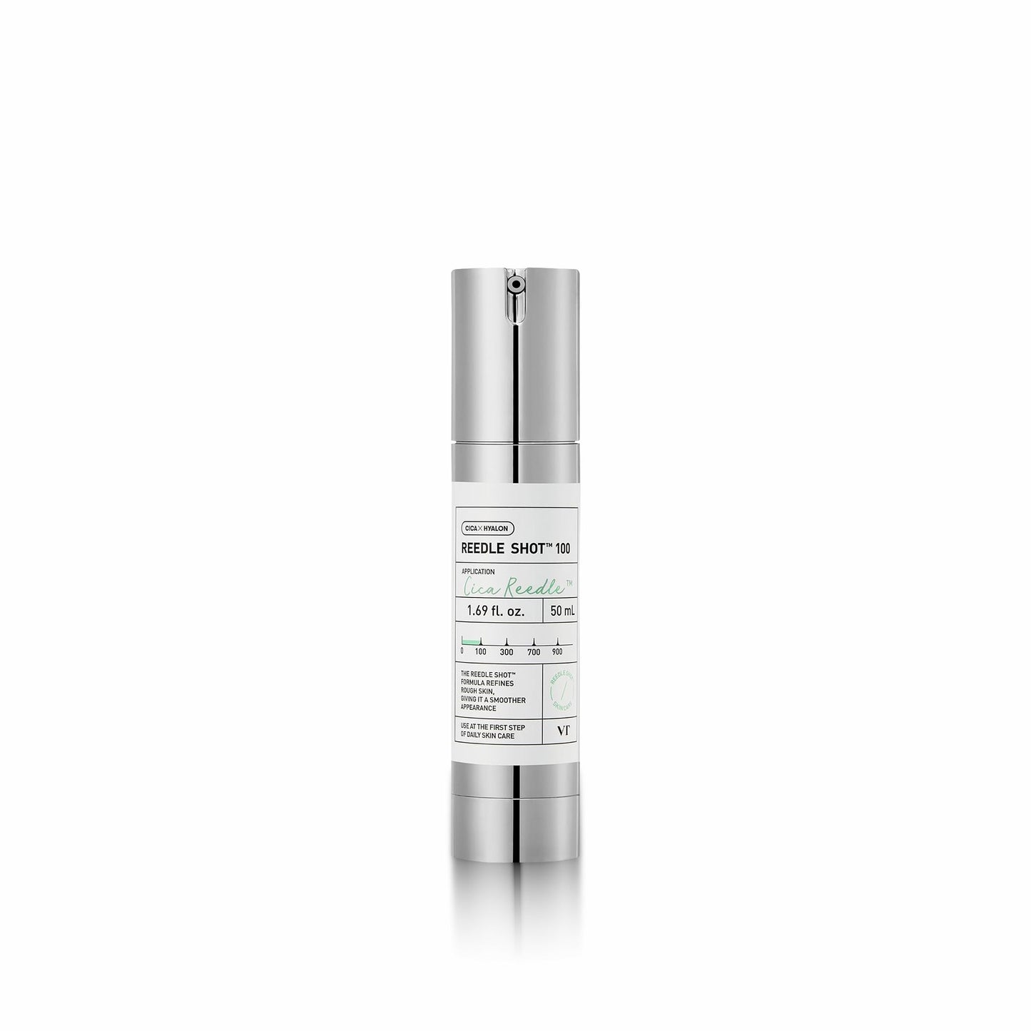Skincare serum bottle with silver cap and white label on a white background