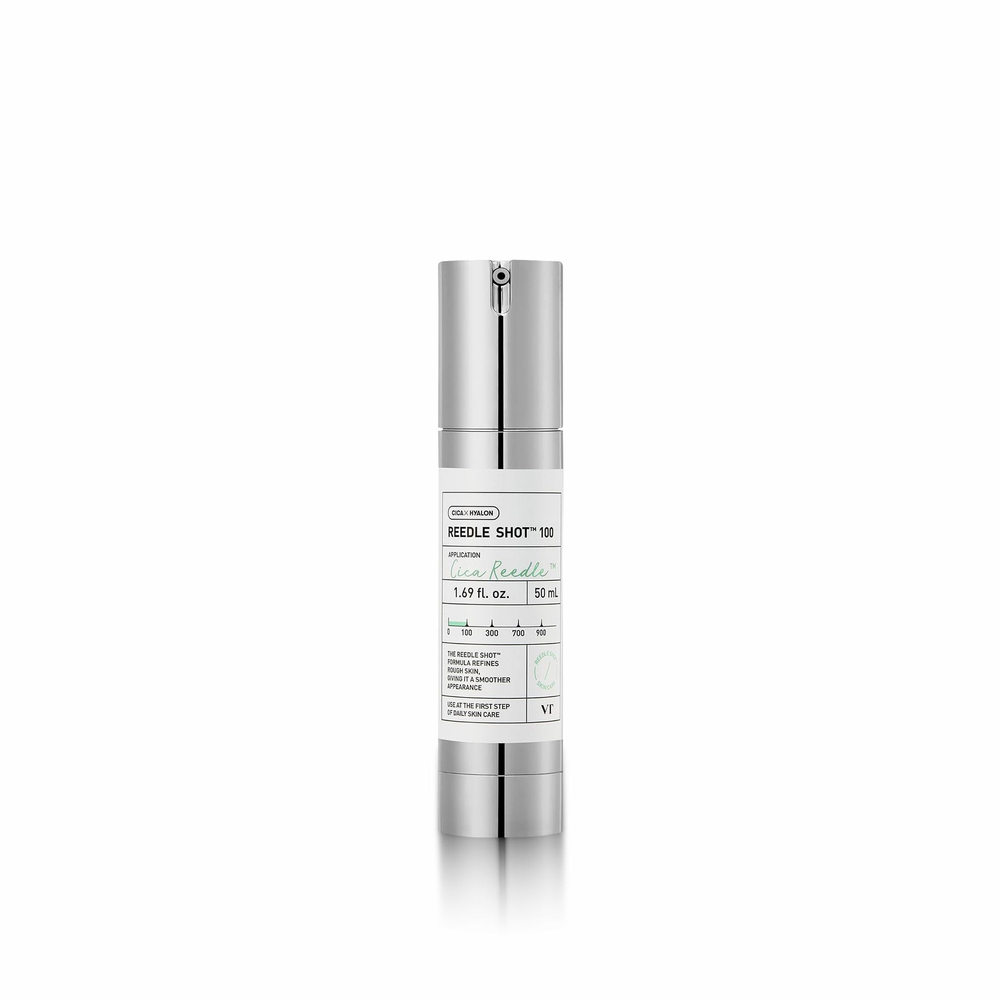 Skincare serum bottle with silver cap and white label on a white background