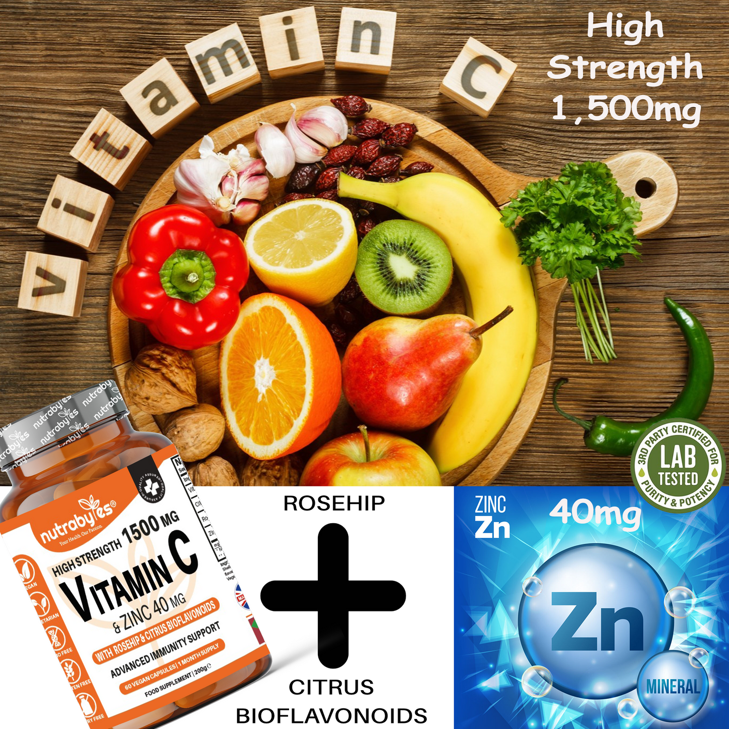 High Strength Vitamin C 1500mg & Zinc 40mg | with Rosehip & Bioflavonoids | 60 Vegan Capsules