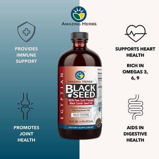 Amazing Herbs Egyptian Black Seed Oil - Gluten Free, Non-GMO, Cold-Pressed Nigella Sativa 16 oz - Calm Era