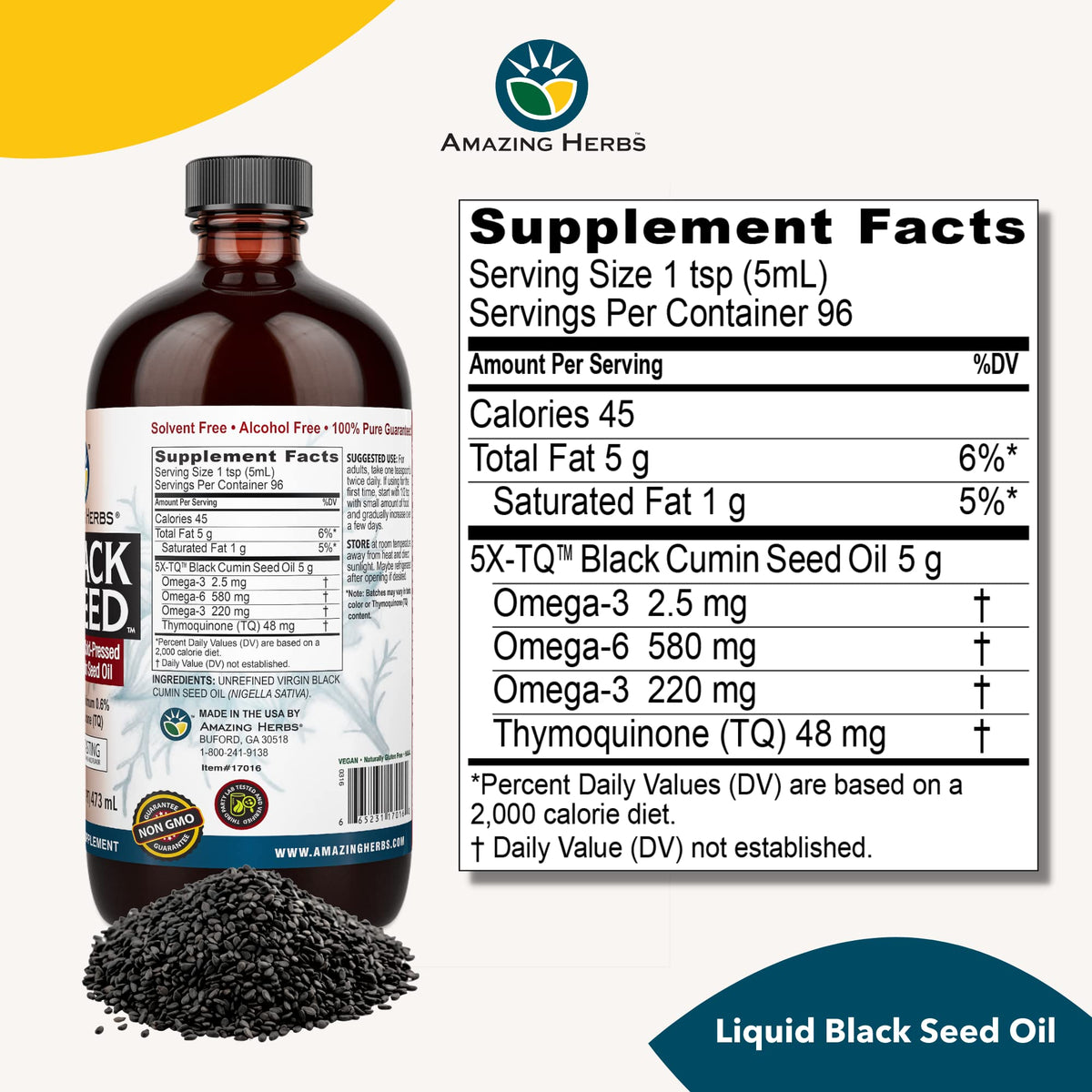 Amazing Herbs Egyptian Black Seed Oil - Gluten Free, Non-GMO, Cold-Pressed Nigella Sativa 16 oz - Calm Era