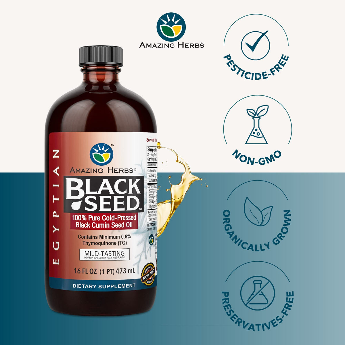 Amazing Herbs Egyptian Black Seed Oil - Gluten Free, Non-GMO, Cold-Pressed Nigella Sativa 16 oz - Calm Era