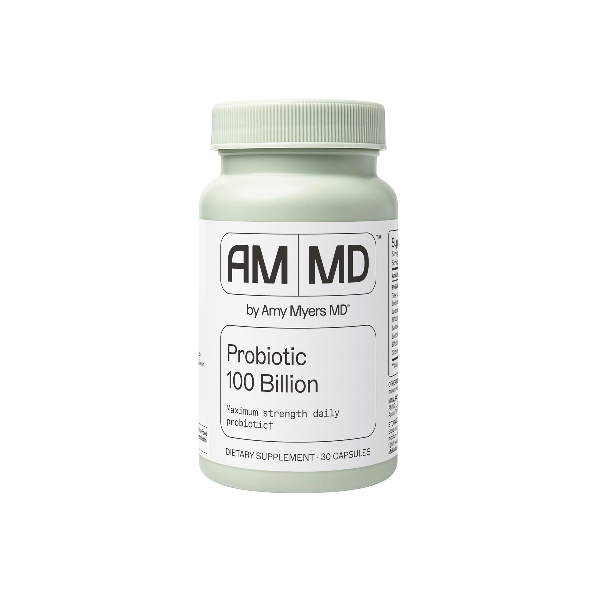 AM MD probiotic supplement bottle on a white background