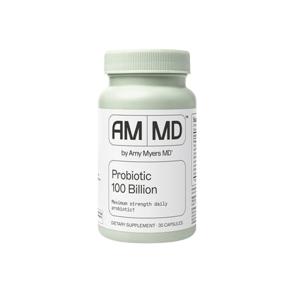 AM MD probiotic supplement bottle on a white background
