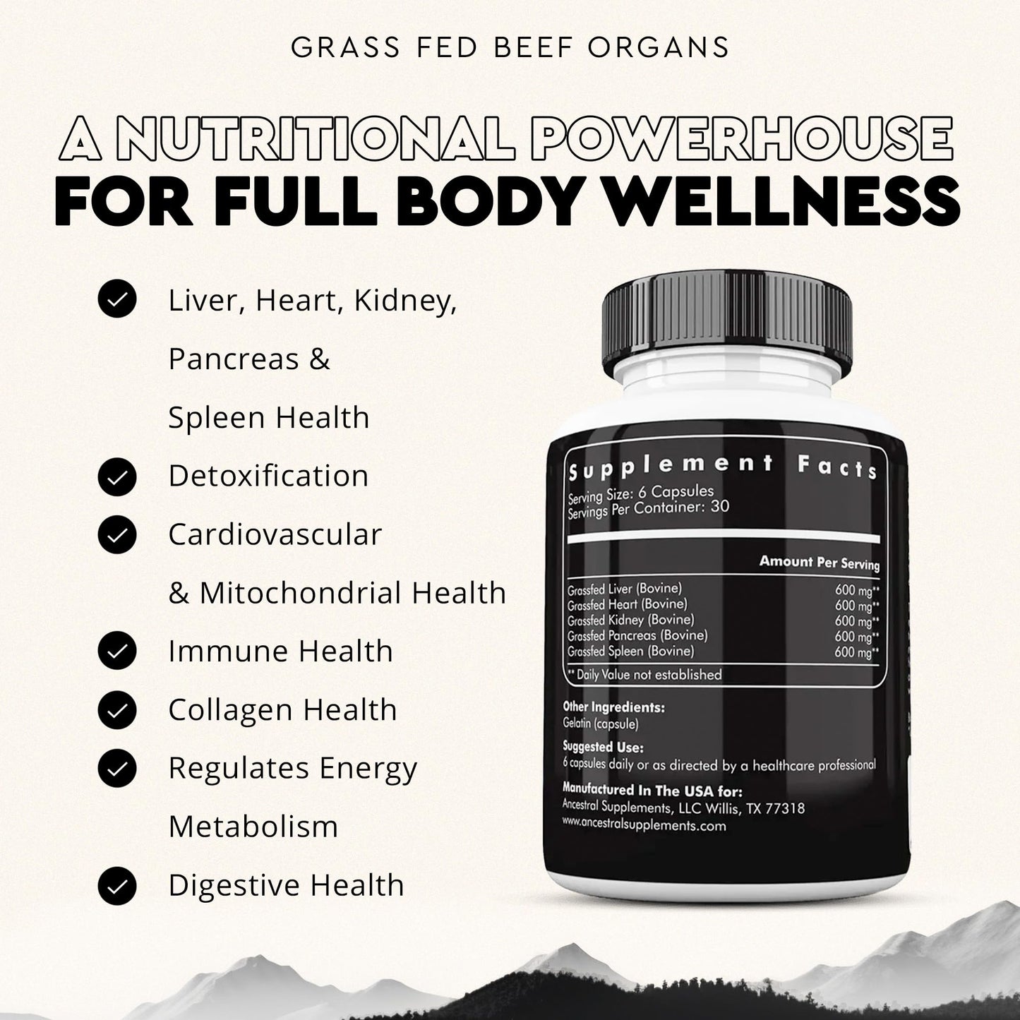 Ancestral Supplements Grass-Fed Beef Organs 180ct | 5-Organ Blend