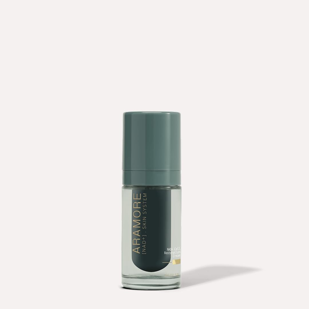 Skincare serum bottle with green cap and label on a light gray background