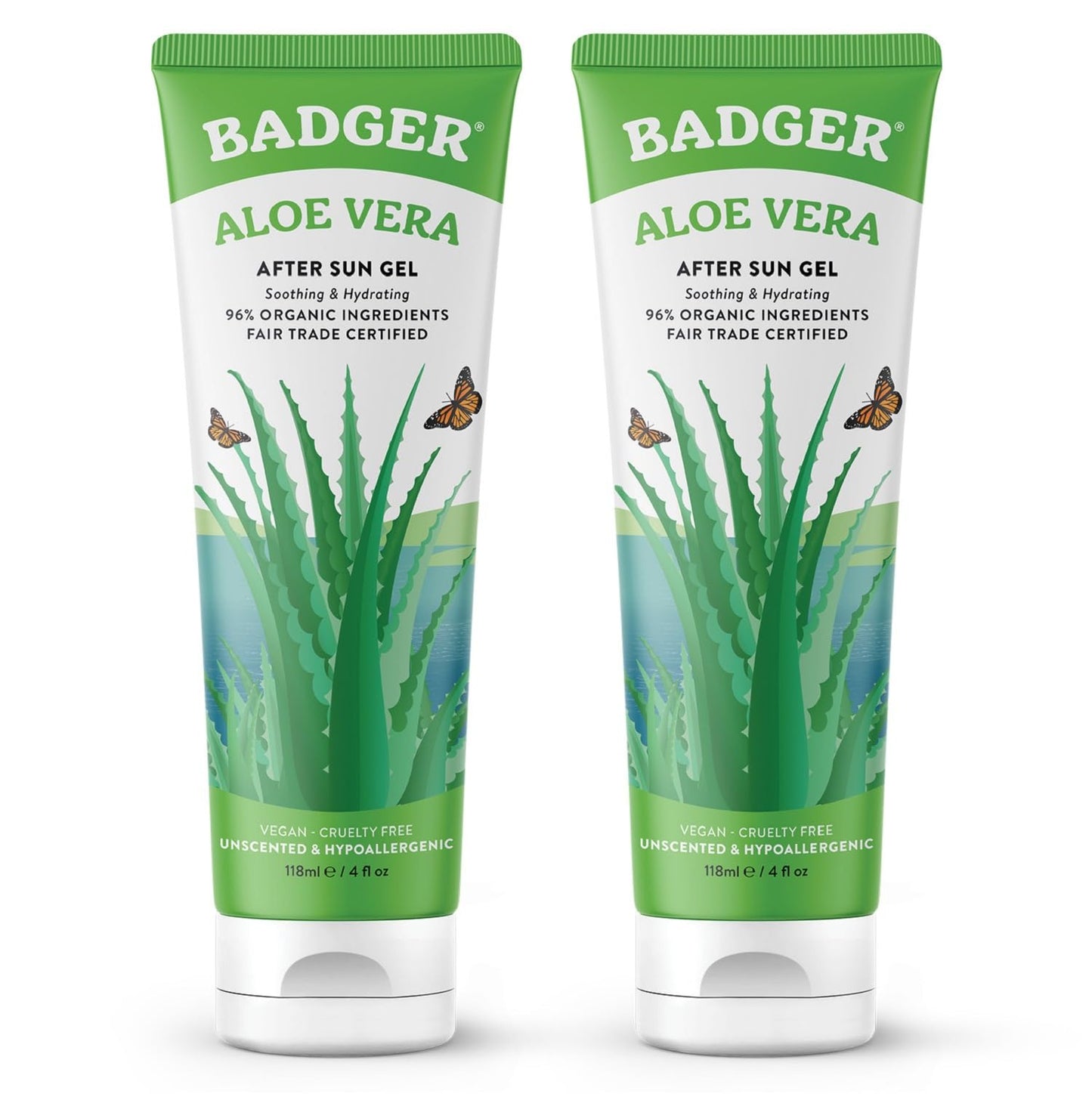 Badger Organic Aloe Vera Gel 96% — Unscented, Face & Body, 2 x 4fl oz