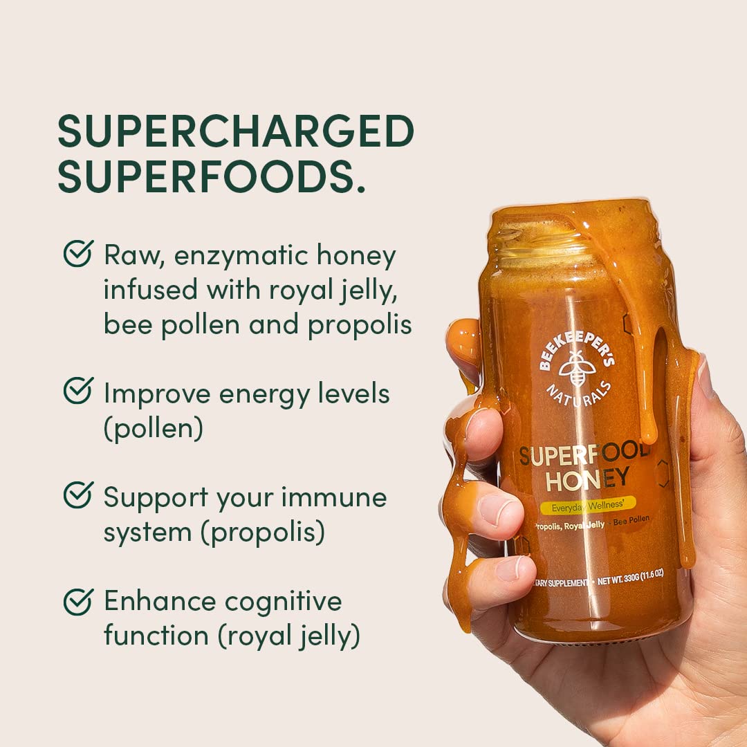 Beekeeper's Naturals Superfood Honey – Bee Pollen, Royal Jelly & Propolis 11.6oz