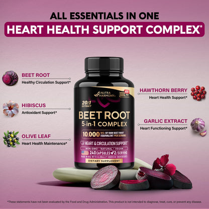 NutraHarmony Beet Root 5-in-1 Complex Capsules — Heart Health & Blood Pressure Support — 240 Capsules, Made in USA