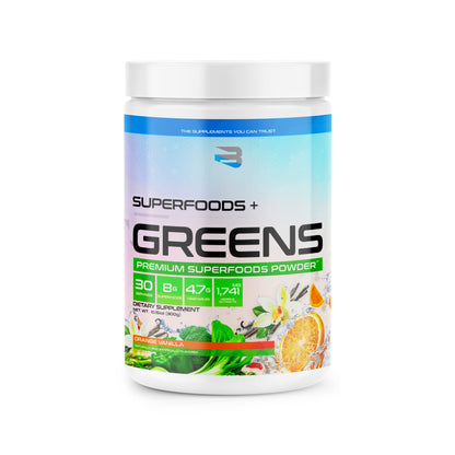 Superfoods + Greens supplement container on a white background