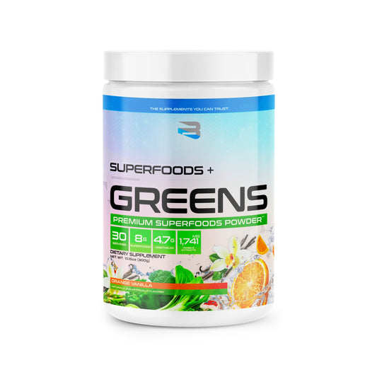 Superfoods + Greens supplement container on a white background