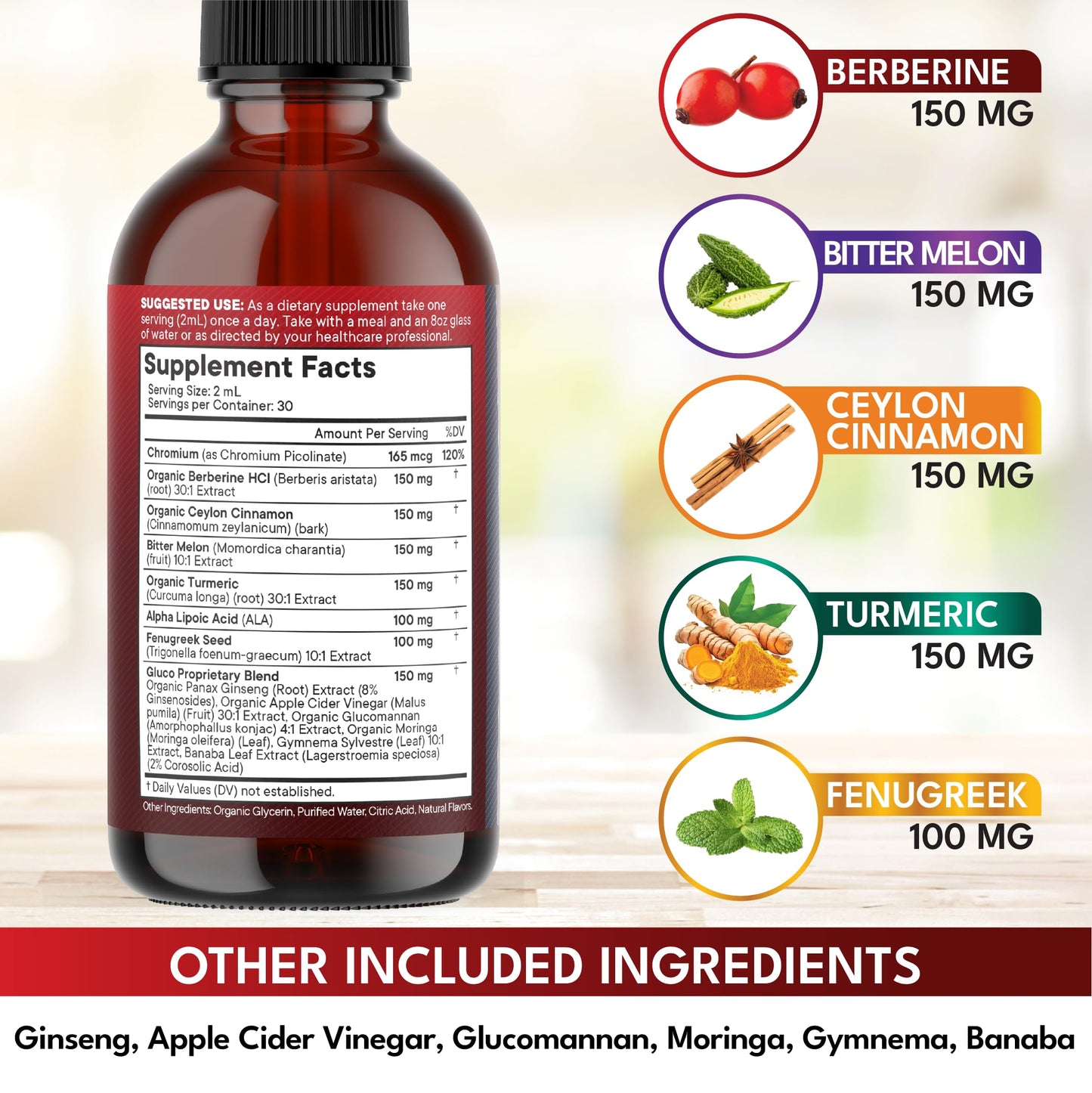 Berberine & Ceylon Cinnamon Liquid Drops with Moringa & Ginseng 4oz