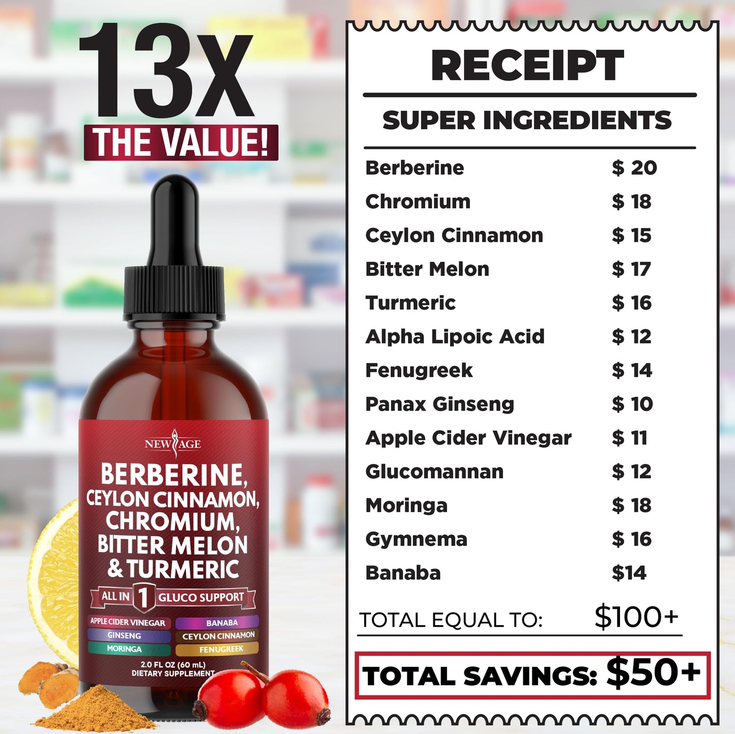 Berberine & Ceylon Cinnamon Liquid Drops with Moringa & Ginseng 4oz
