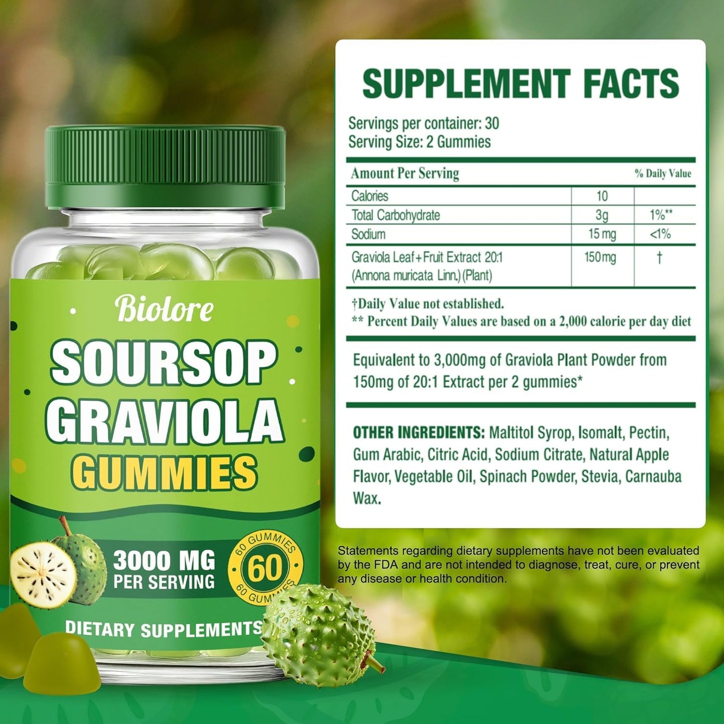 Biolore Soursop Graviola Gummies — 30-Day Supply, Sugar-Free, Vegan