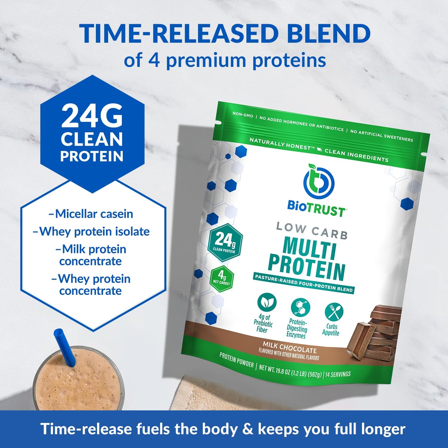 BioTrust Low Carb Protein Powder – Grass-Fed Whey & Casein, Chocolate | 3-Pack