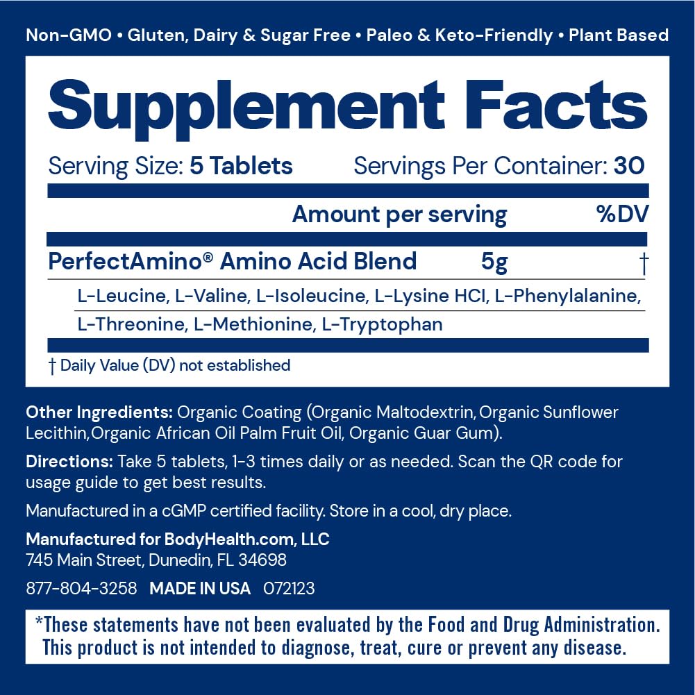 BodyHealth PerfectAmino Essential Amino Acid Tablets – BCAAs, Vegan (36 Servings)