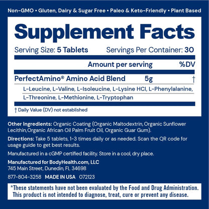 BodyHealth PerfectAmino Essential Amino Acid Tablets – BCAAs, Vegan (36 Servings)