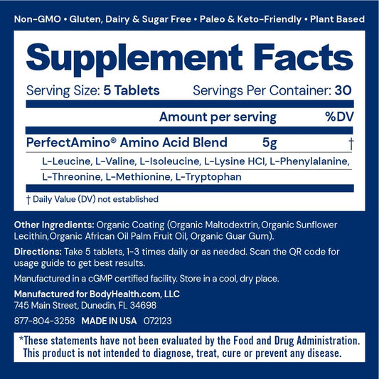 BodyHealth PerfectAmino Essential Amino Acid Tablets – BCAAs, Vegan (36 Servings)