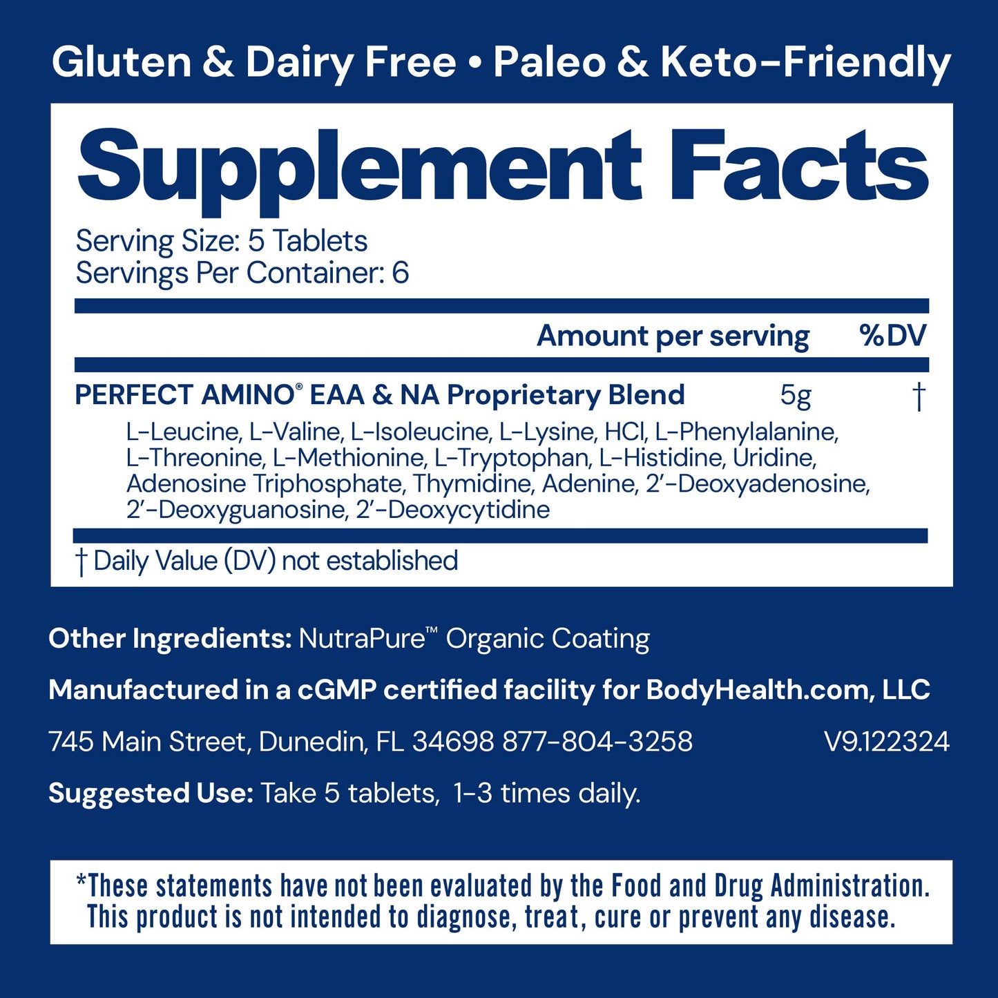 BodyHealth PerfectAmino Essential Amino Acid Tablets – BCAAs, Vegan (36 Servings)