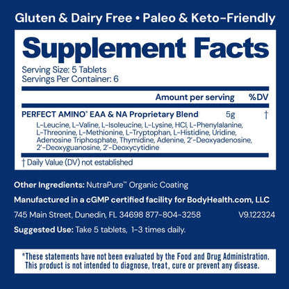 BodyHealth PerfectAmino Essential Amino Acid Tablets – BCAAs, Vegan (36 Servings)