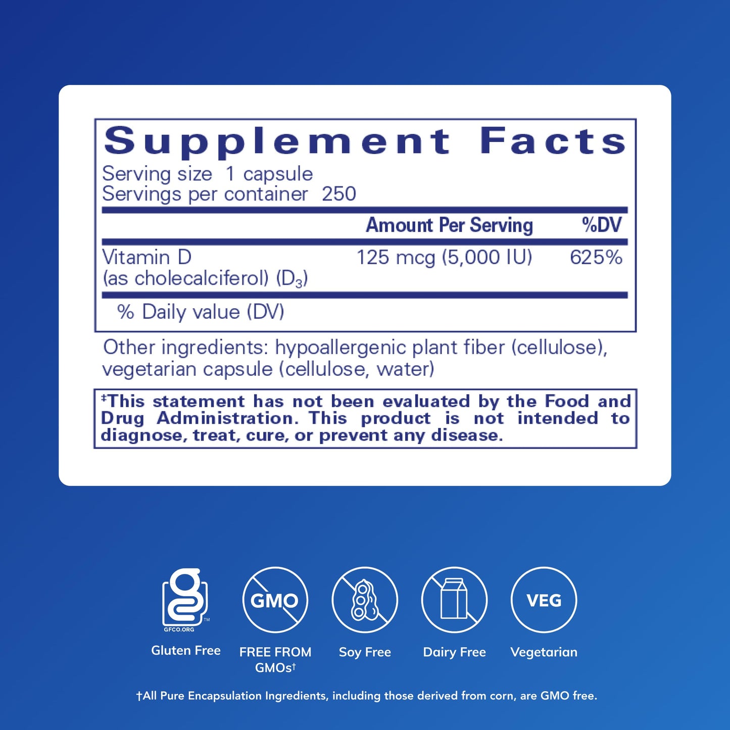 Pure Encapsulations Vitamin D3 5000IU 250 Capsules | Allergen-Free