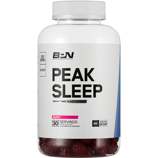 Bottle of Peak Sleep supplement with BSN branding on a white background