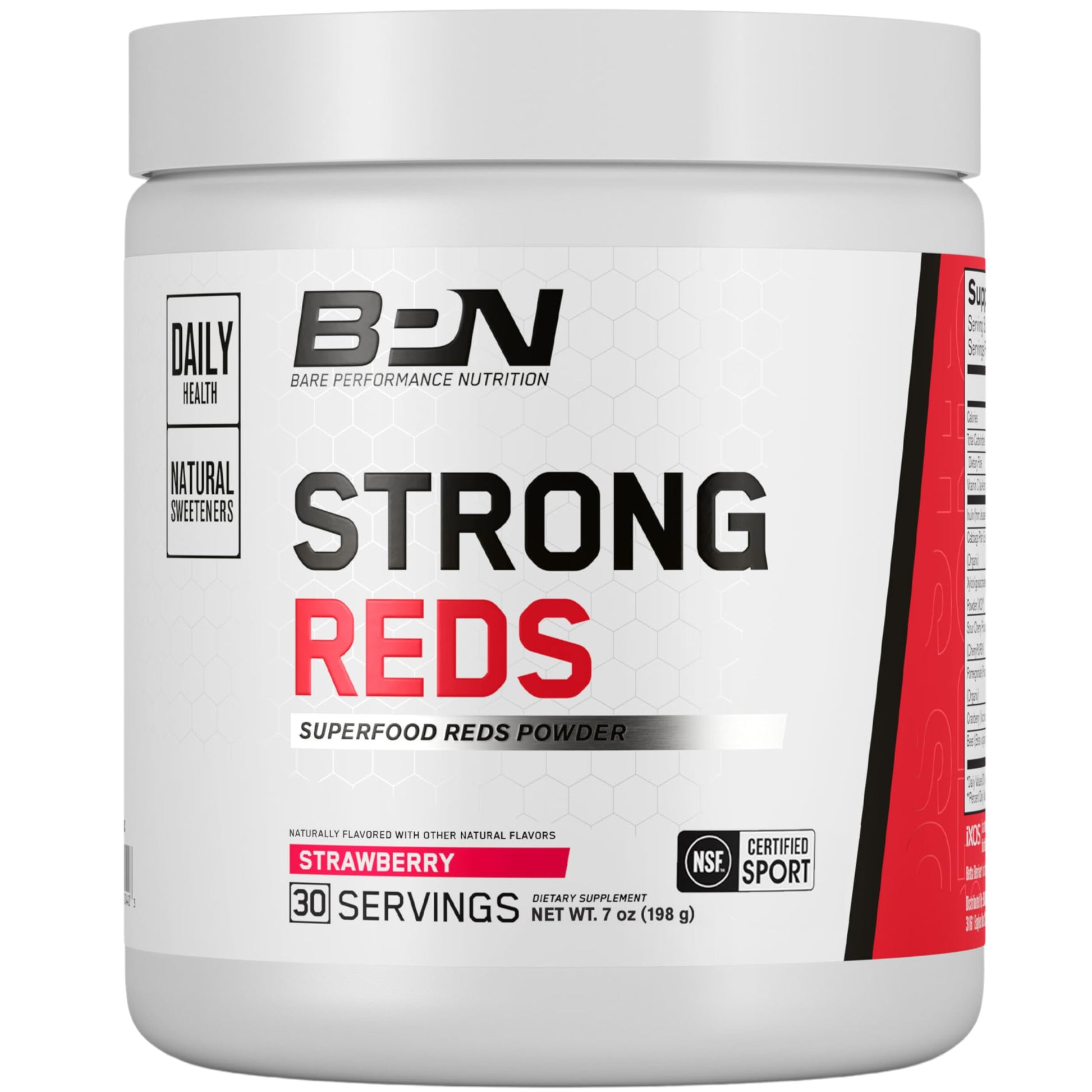 Supplement container labeled 'STRONG REDS' by Bare Performance Nutrition on a white background