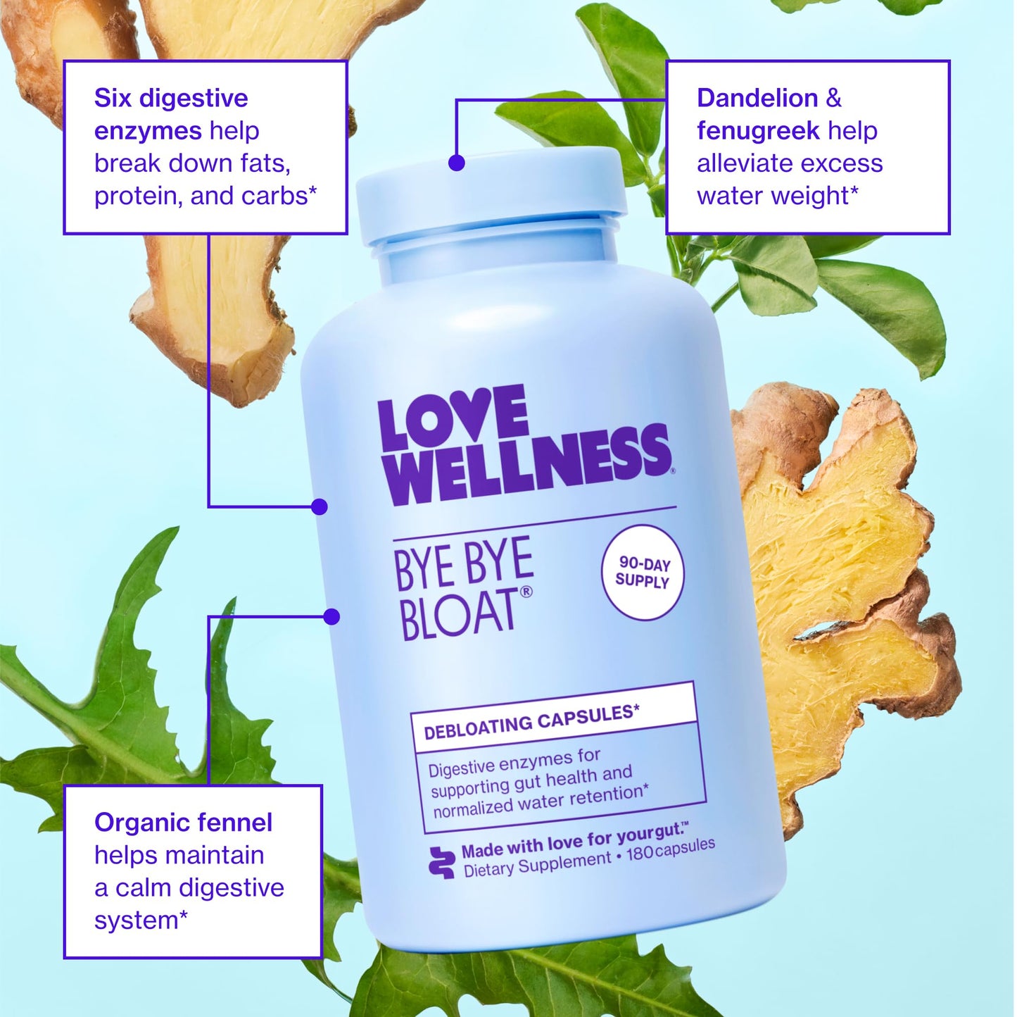 Love Wellness Bye Bye Bloat – Digestive Enzymes & Herbal Blend | 180 Capsules