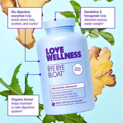 Love Wellness Bye Bye Bloat – Digestive Enzymes & Herbal Blend | 180 Capsules