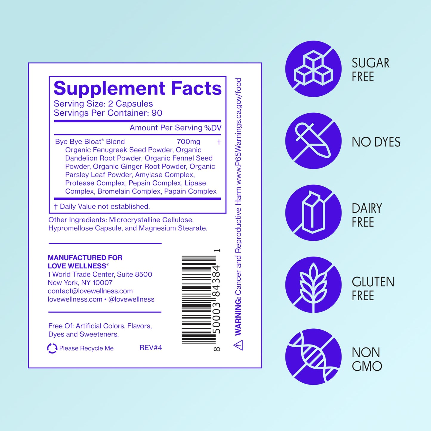 Love Wellness Bye Bye Bloat – Digestive Enzymes & Herbal Blend | 180 Capsules