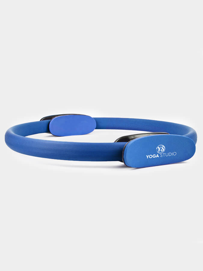 Blue yoga strap with 'Yoga Studio' branding on a white background
