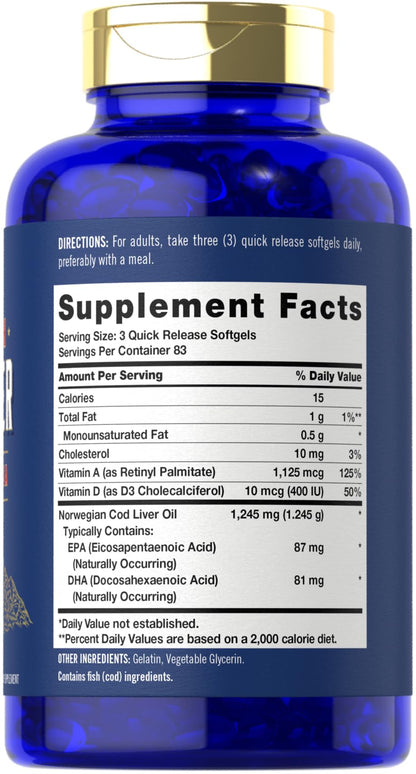 Carlyle Cod Liver Oil Softgels 1245mg – 250 Count | Norwegian, Non-GMO