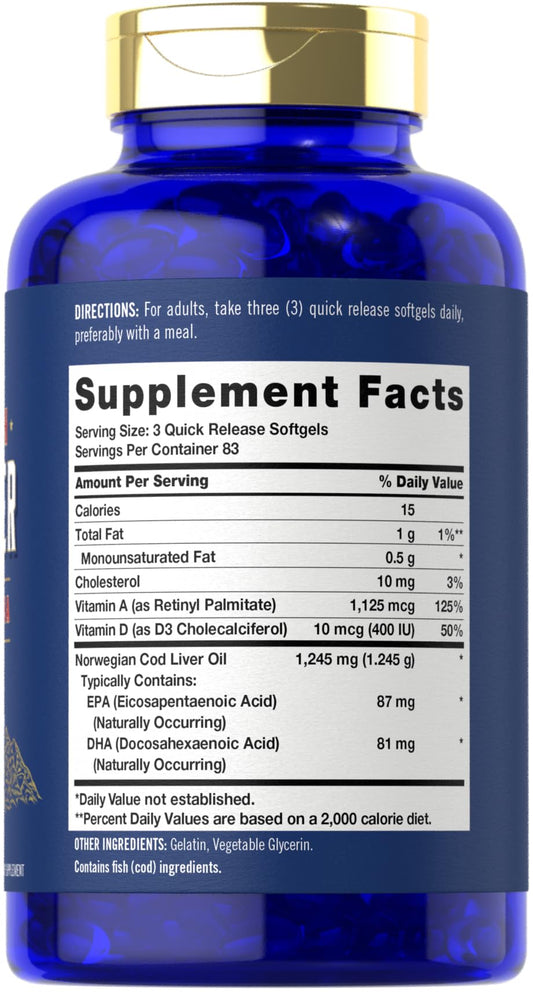 Carlyle Cod Liver Oil Softgels 1245mg – 250 Count | Norwegian, Non-GMO