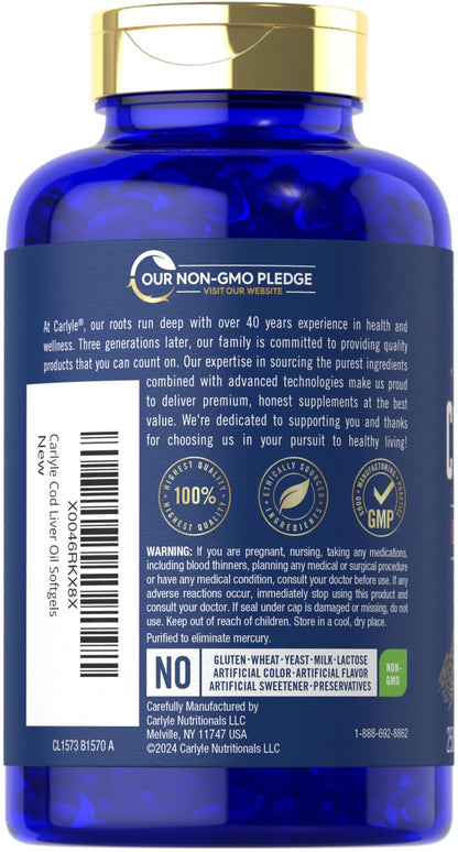 Carlyle Cod Liver Oil Softgels 1245mg – 250 Count | Norwegian, Non-GMO