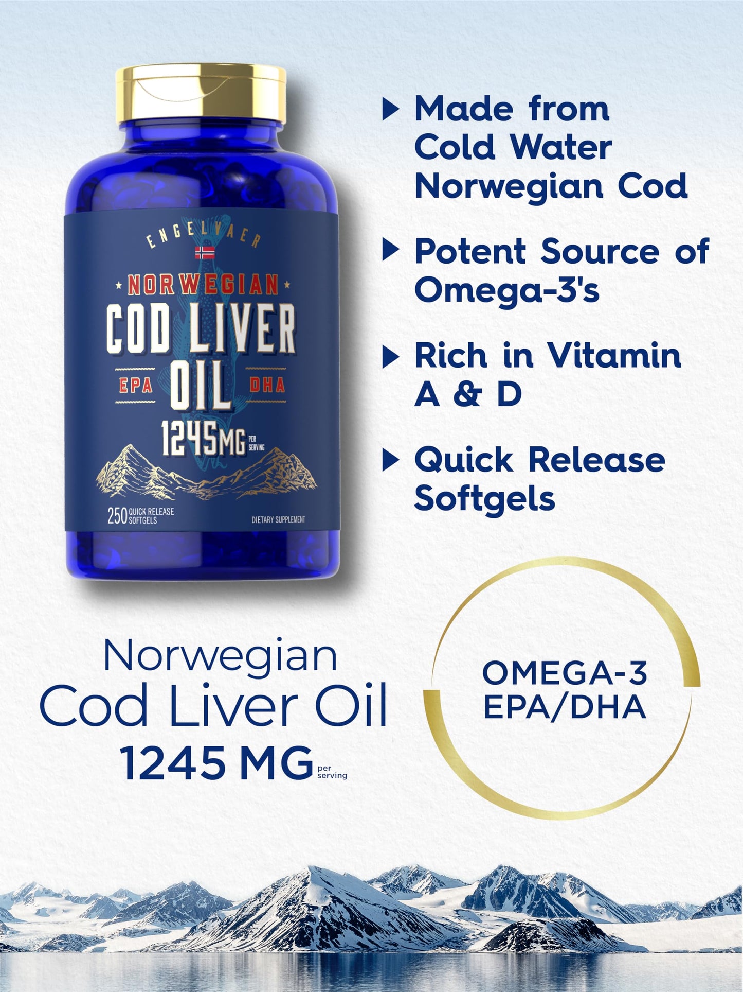 Carlyle Cod Liver Oil Softgels 1245mg – 250 Count | Norwegian, Non-GMO