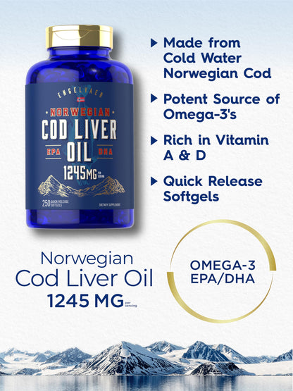 Carlyle Cod Liver Oil Softgels 1245mg – 250 Count | Norwegian, Non-GMO