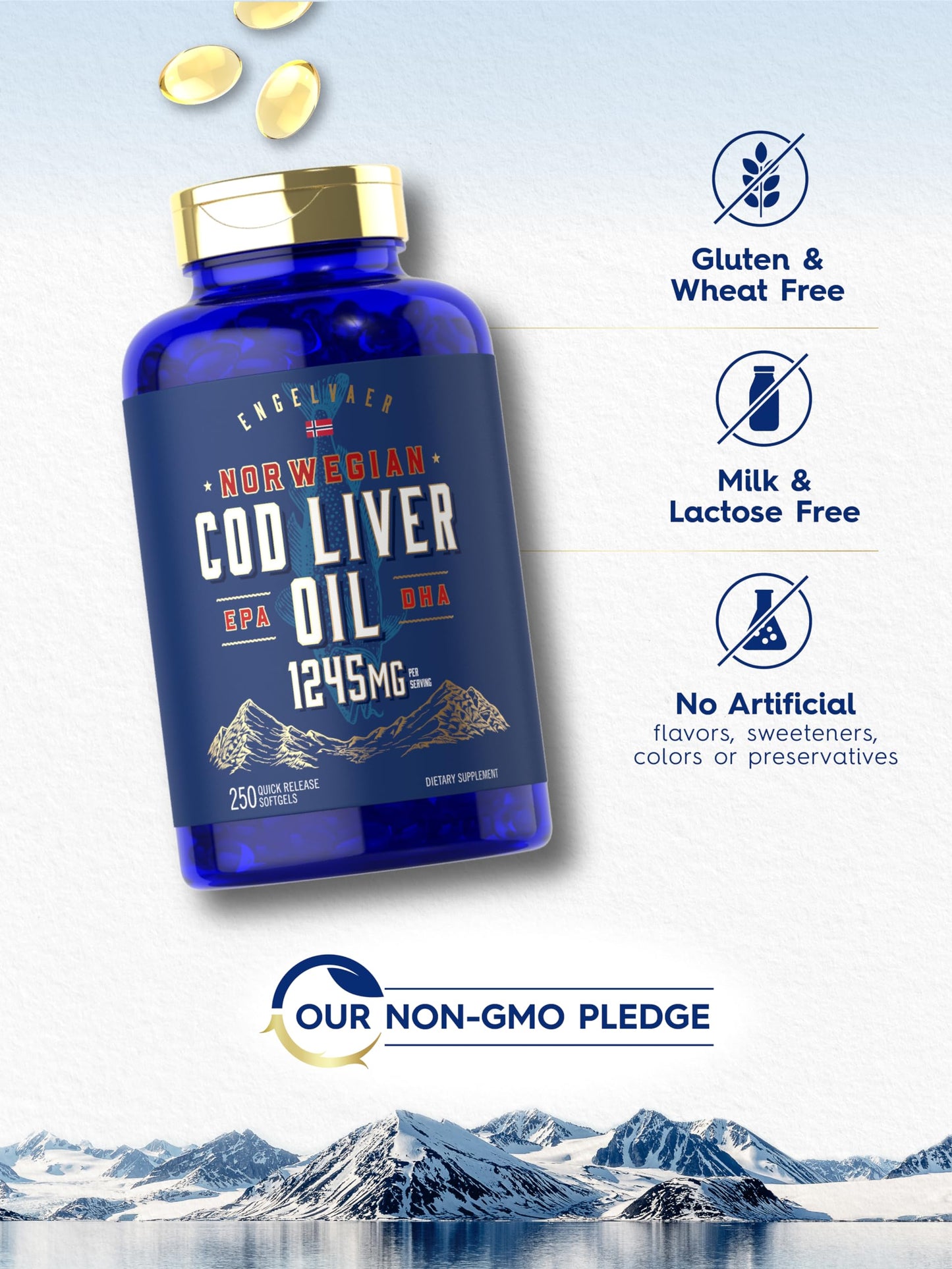 Carlyle Cod Liver Oil Softgels 1245mg – 250 Count | Norwegian, Non-GMO