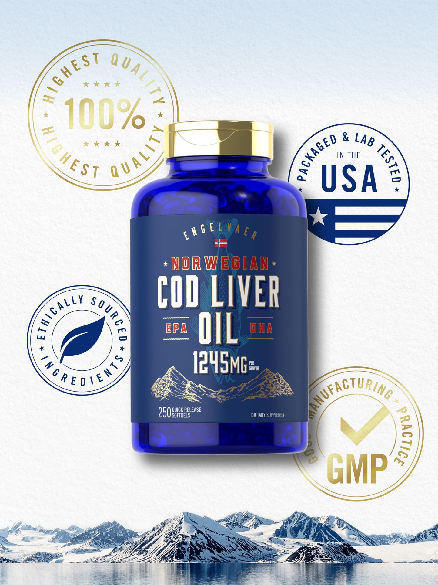 Carlyle Cod Liver Oil Softgels 1245mg – 250 Count | Norwegian, Non-GMO