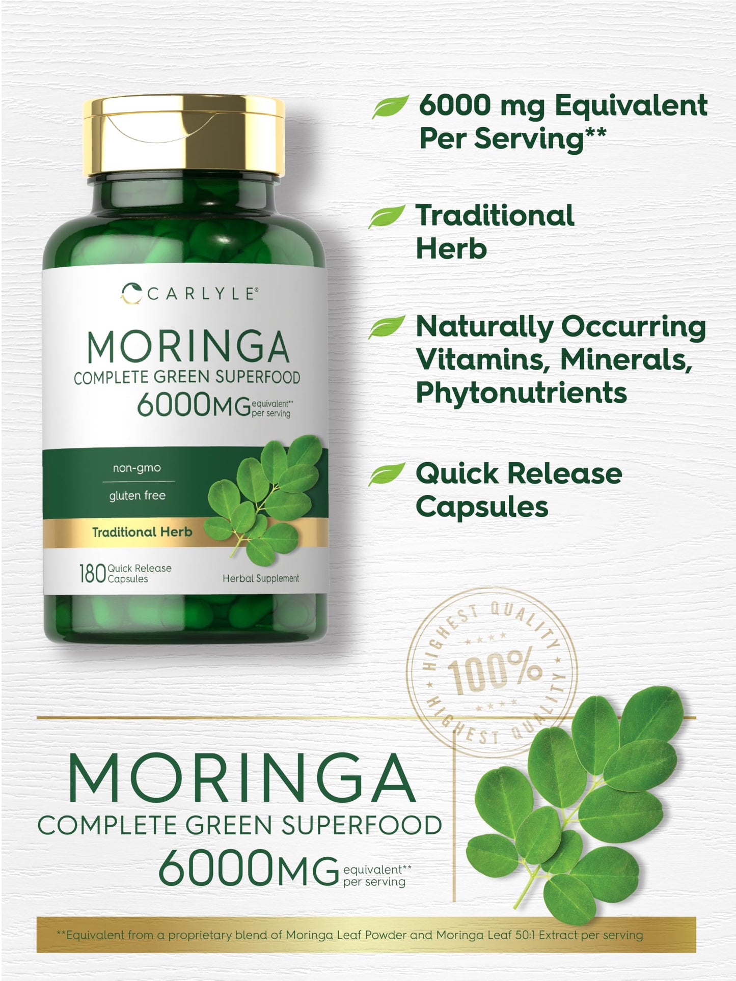 Carlyle Moringa Oleifera Capsules 6000mg | 180ct Pack of 2 | Non-GMO