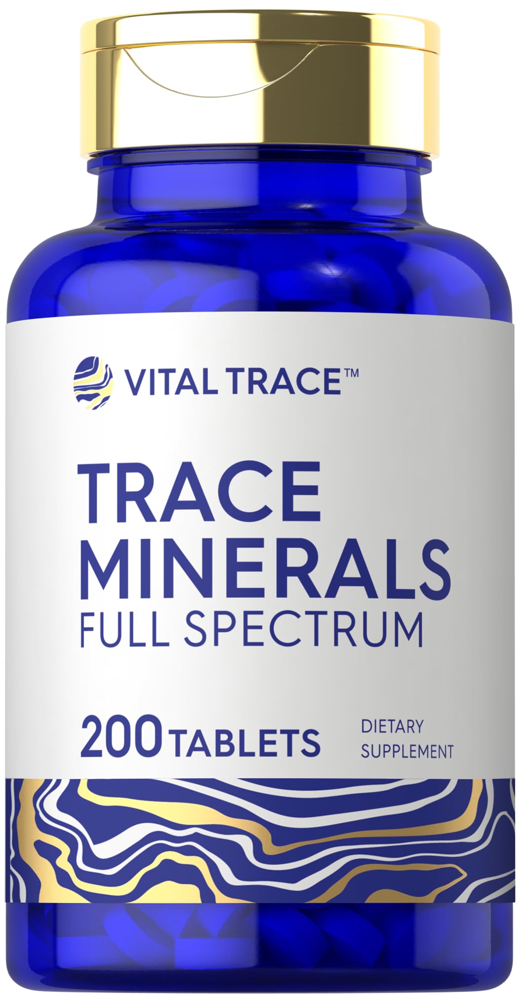 Vital Trace Trace Minerals Full Spectrum supplement bottle with blue and gold design.