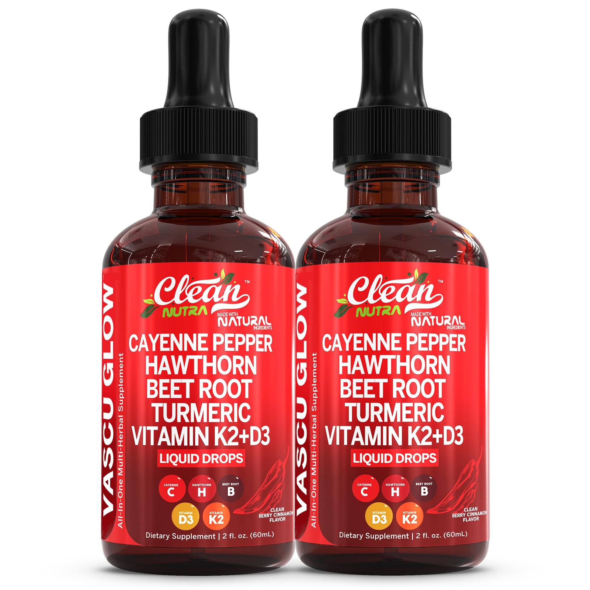 Two bottles of Clean Nutra VASCU GLOW liquid drops on a white background