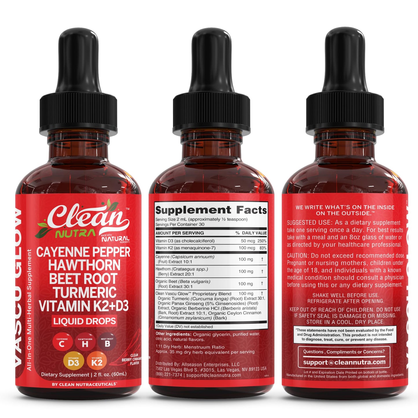 Clean Nutra Cayenne Pepper Liquid Drops with Hawthorn Berry, D3 K2 & Turmeric (2 Pack)