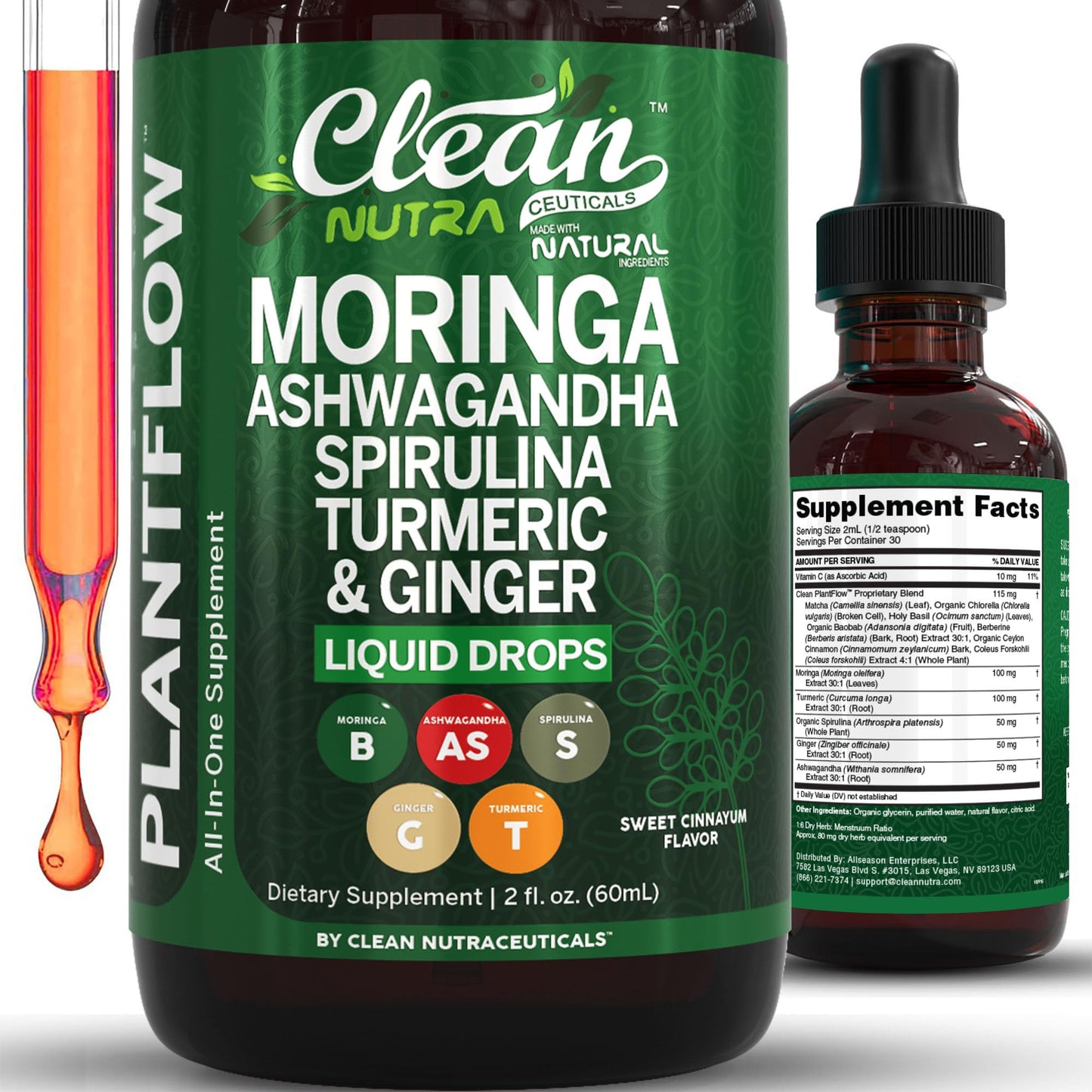 Clean Nutra PlantFlow Moringa Liquid Drops with Ashwagandha & Spirulina