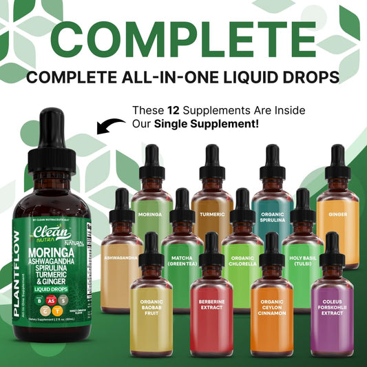 Clean Nutra PlantFlow Moringa Liquid Drops with Ashwagandha & Spirulina