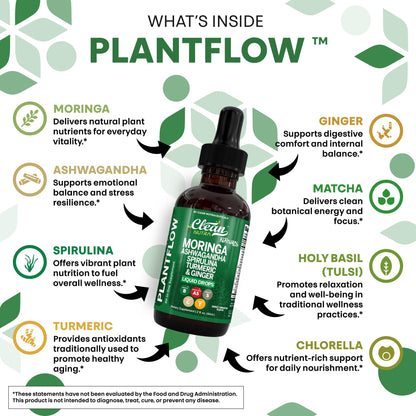 Clean Nutra PlantFlow Moringa Liquid Drops with Ashwagandha & Spirulina