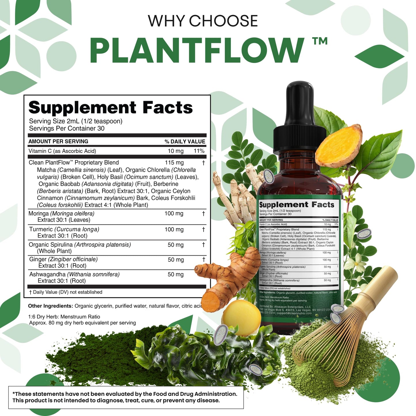 Clean Nutra PlantFlow Moringa Liquid Drops with Ashwagandha & Spirulina