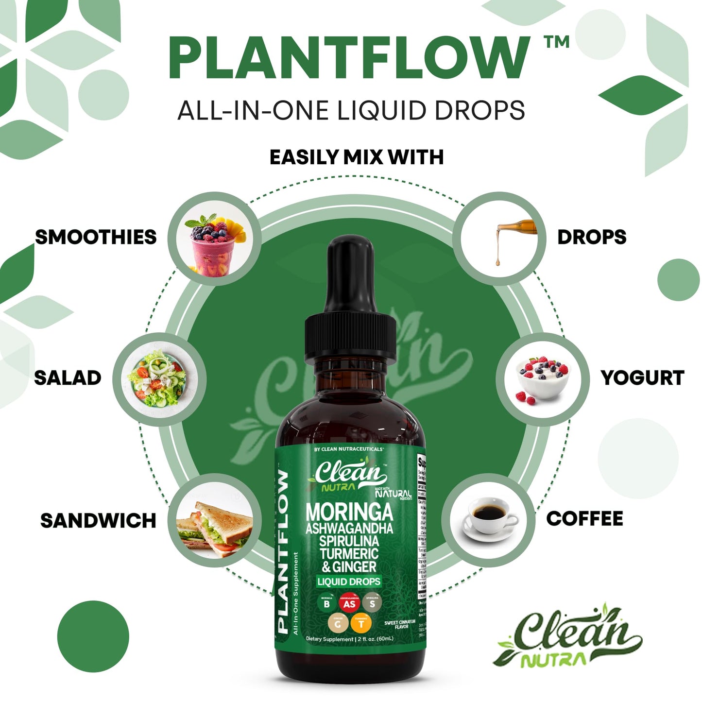 Clean Nutra PlantFlow Moringa Liquid Drops with Ashwagandha & Spirulina