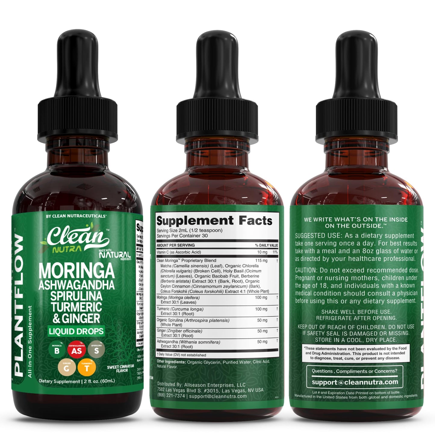 Clean Nutra PlantFlow Moringa Liquid Drops with Ashwagandha & Spirulina