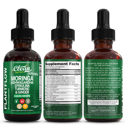 Clean Nutra PlantFlow Moringa Liquid Drops with Ashwagandha & Spirulina